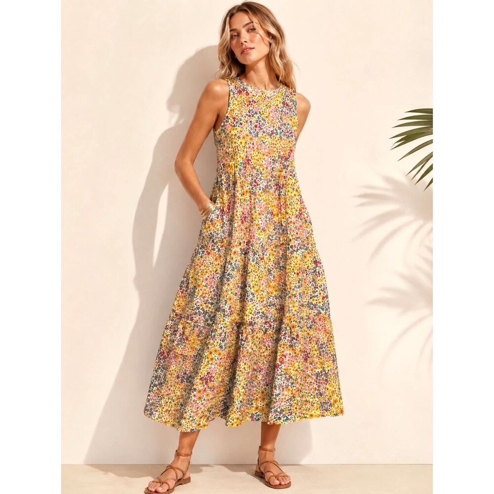 J.Crew Re-Imagined Floral Tiered Midi Dress Size 4 Cotton Stretch Sleeveless
